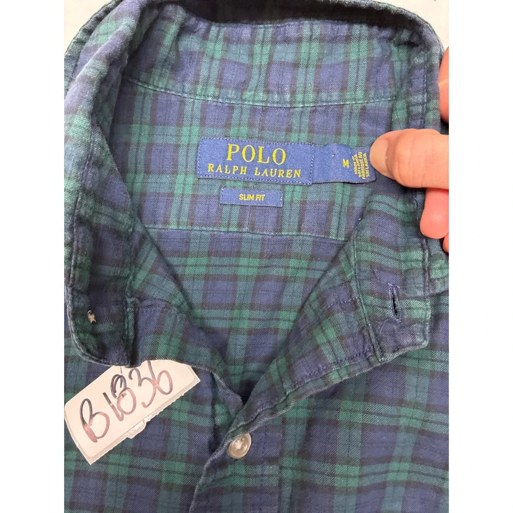 Polo Ralph Lauren Slim Fit Blackwatch Plaid Flannel Shirt Mens Medium Navy Green